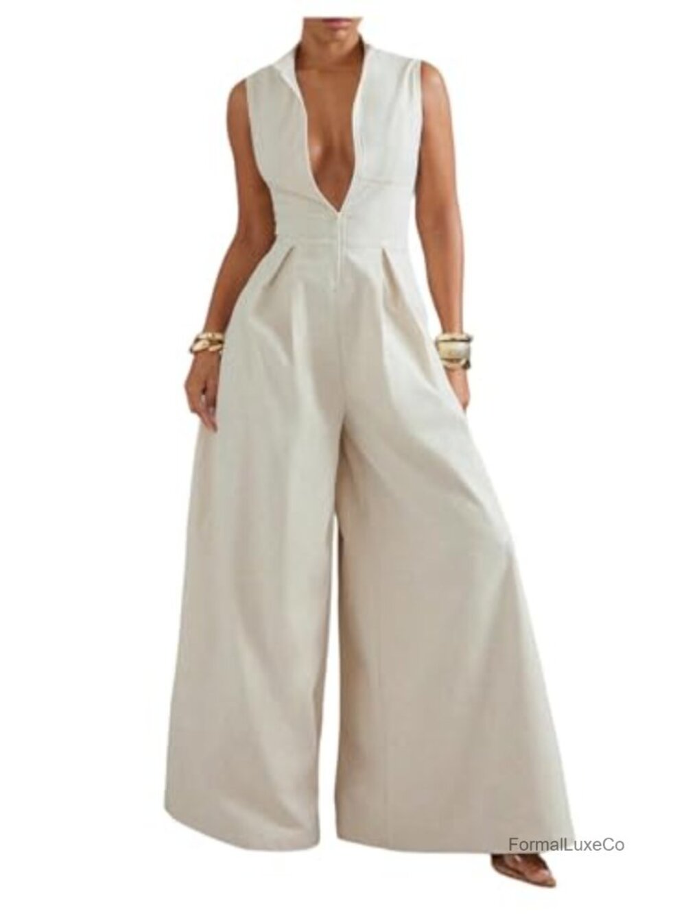 Womens Zip Up Wide Leg Jumpsuits Dressy Formal One Piece Mock Neck